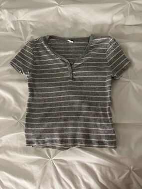 Old Navy Gray & White Striped Ribbed Henley Short Sleeve Top